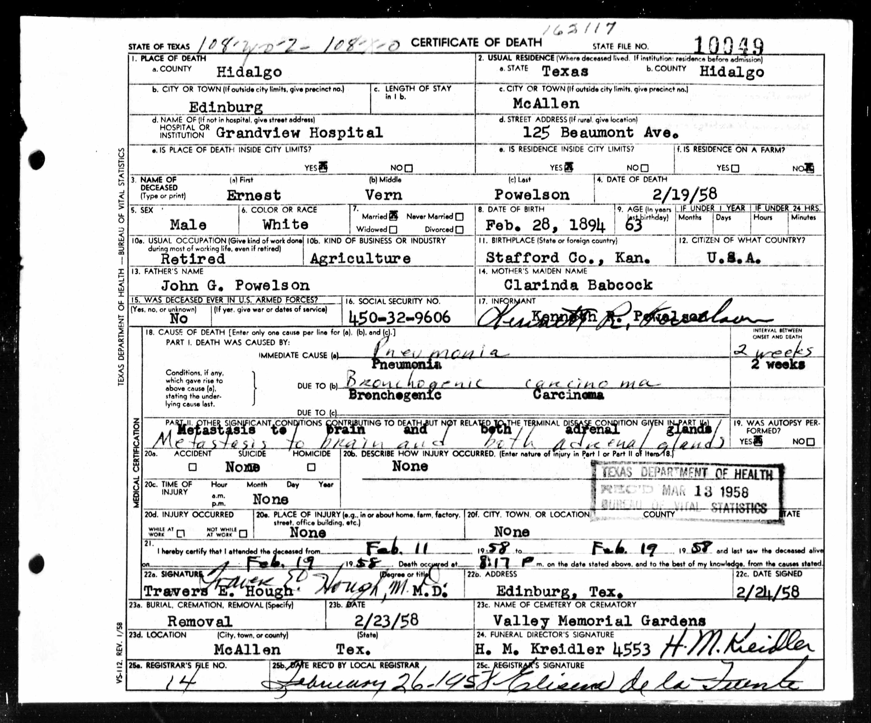 Death Certificate for Ernest Powelson