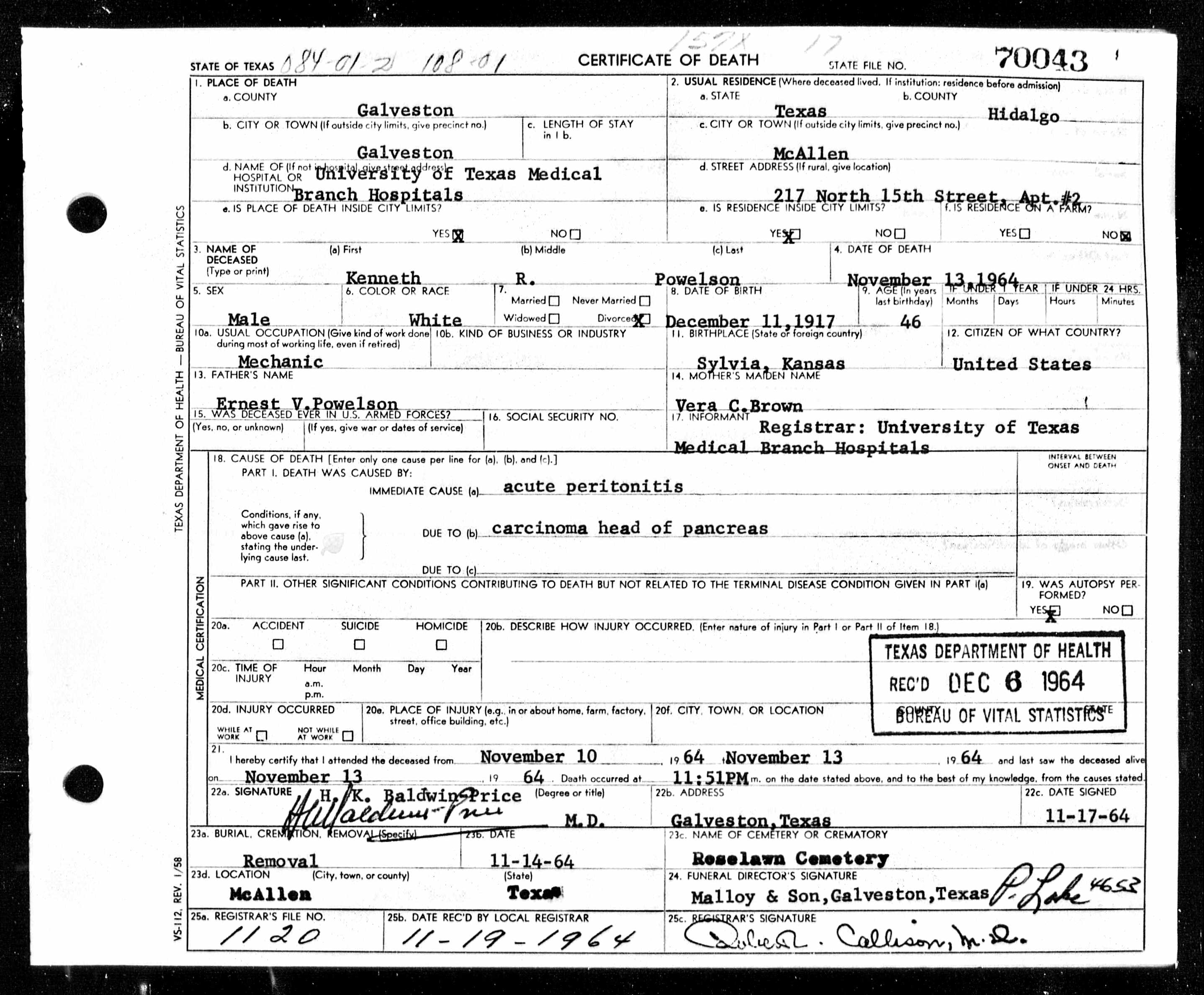 Death Certificate for Kenneth Roy Powelson